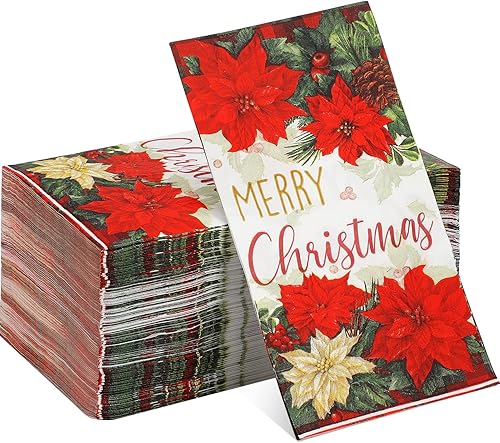 200 servilletas de Pascua de Navidad con bordes de flor de pascua, servilletas de papel desechables con diseño de flor de pascua, toallas de mano de