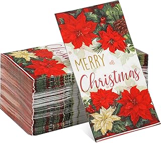 100 Pcs Christmas Poinsettia Napkins Red Green Buffalo Plaid Bordered Poinsettia Disposable Paper Dinner Napkins Merry Christmas Holly and Berry Hand Towels for Home Kitchen Christmas Party Supplies