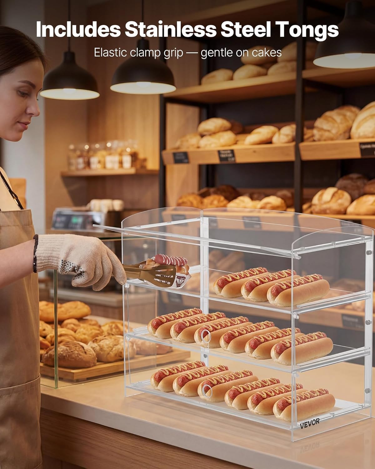 VEVOR Bakery Display Case, 3-Tier Commercial Countertop Pastry Display Case, Clear Acrylic Bread Box for Kitchen, Party Cake Cabinet with Flip-Up Door for Cookie Dessert Donut Bagel, 19" x 9.1" x 15"