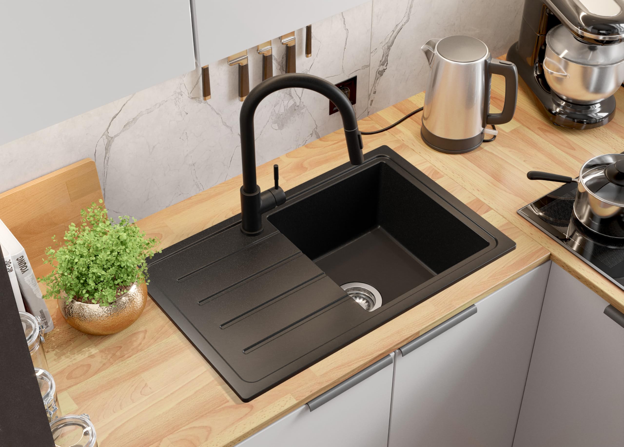 PRIMAGRAN Evier Cuisine en Granit Noir 70x44cm, Lavabo 1 bac + Robinet 32x20cm + Kit de Vidage, Évier à Encastrer au Meuble 45cm - Copenhague Easy S045