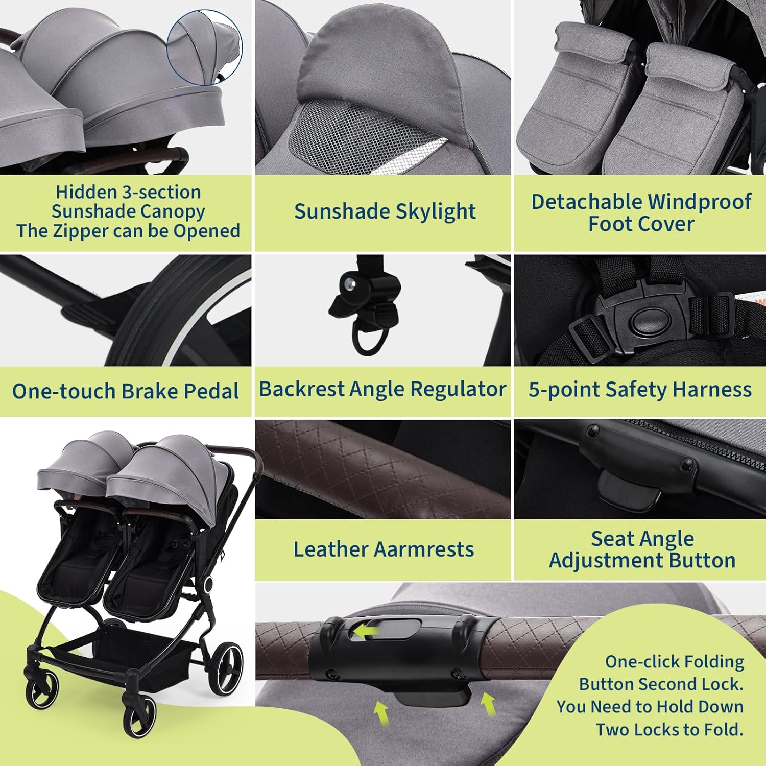 Double Stroller for Twins, One-Click Quick Fold Lightweight Newborn and Toddler Stroller with 5-Point Safety Harness, Adjustable Seat & Reversible Seat Modes for Infant Toddler