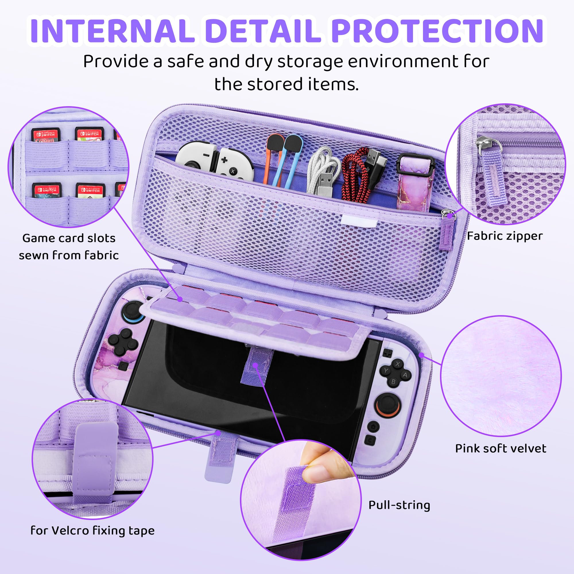 FUNDIARY Custodia da viaggio per Nintendo Switch 2 con design marmo viola, accessori carini con custodia portatile, custodia protettiva agganciabile, pellicola proteggi schermo, tracolla e 2 tappi per
