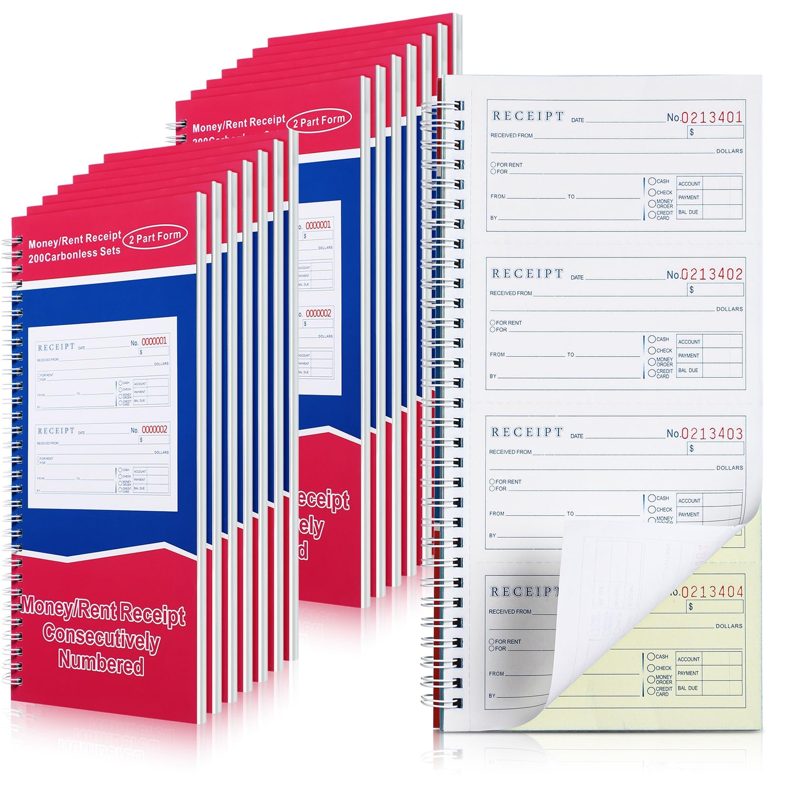 Crtiin Money and Rent Receipt Book 2 Part Carbonless Receipt Log Book with Carbonless Copies, Spiral Bound, 200 Sets Per, 4 Receipts Per Page, 5.25 x 11 Inch(15 Pcs)