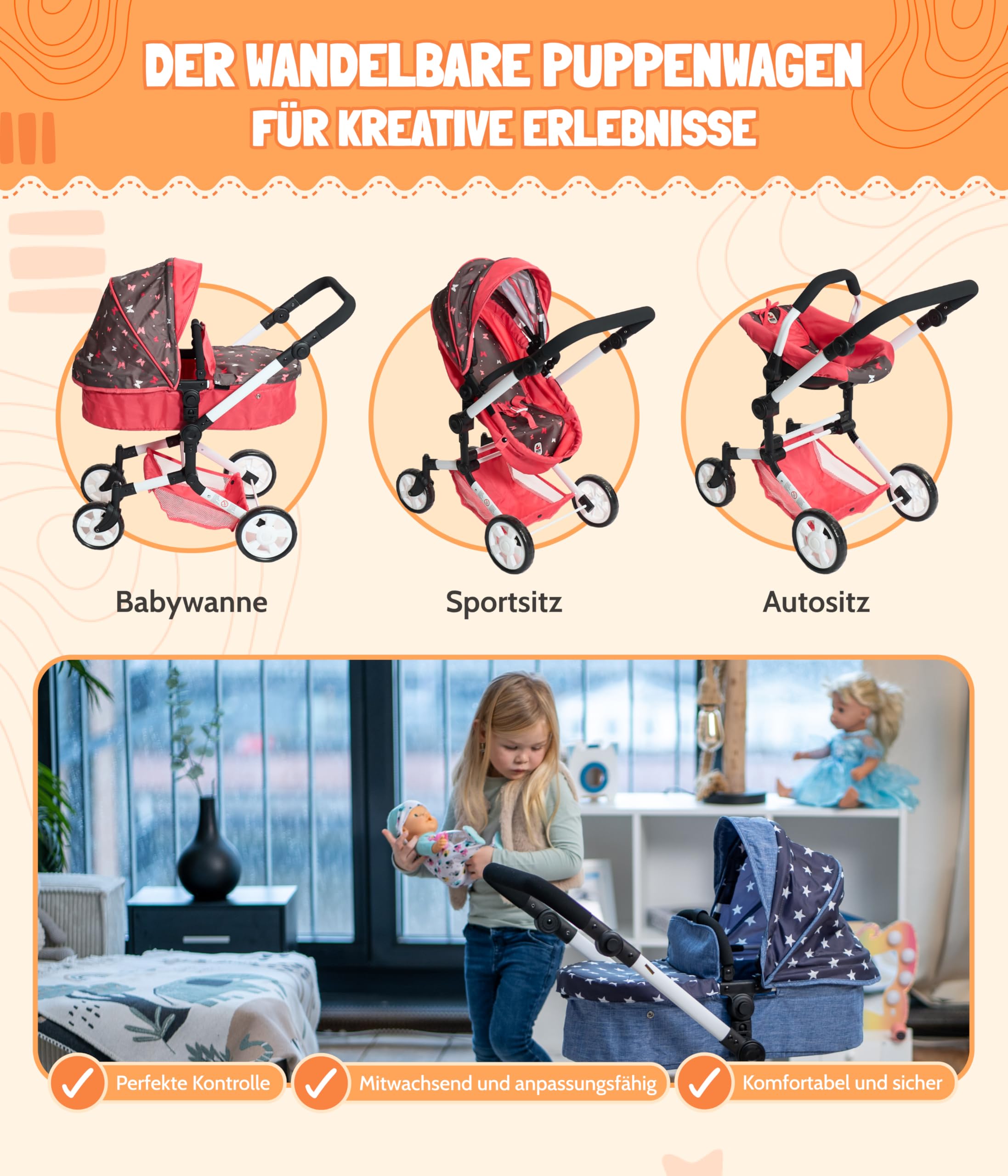 Bayer Chic 2000 Poussette poupée 3 en 1 Linus Pliable réglable | Set 3 en 1 avec nacelle transformable et siège auto, poignée réglable de 47 à 78 cm.