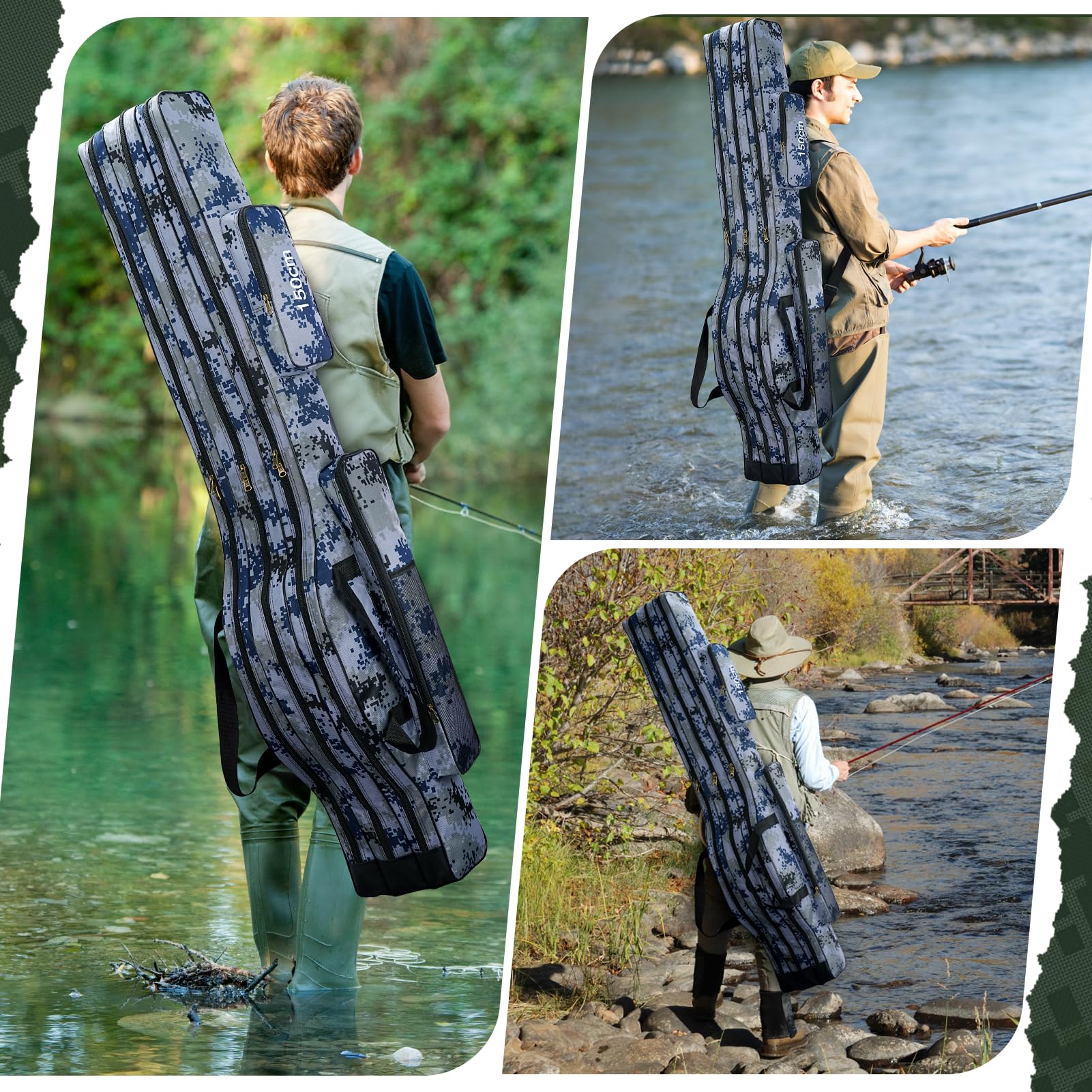 Angeltasche Rutentasche Rod Case, 150cm Angeltasche Tragbare mit 3 Fächern Faltbar Wasserdicht Tasche Angelrute Angelgerät Fall Dauerhaft Rutentasche Rod Case Angelkoffer fur Fischer