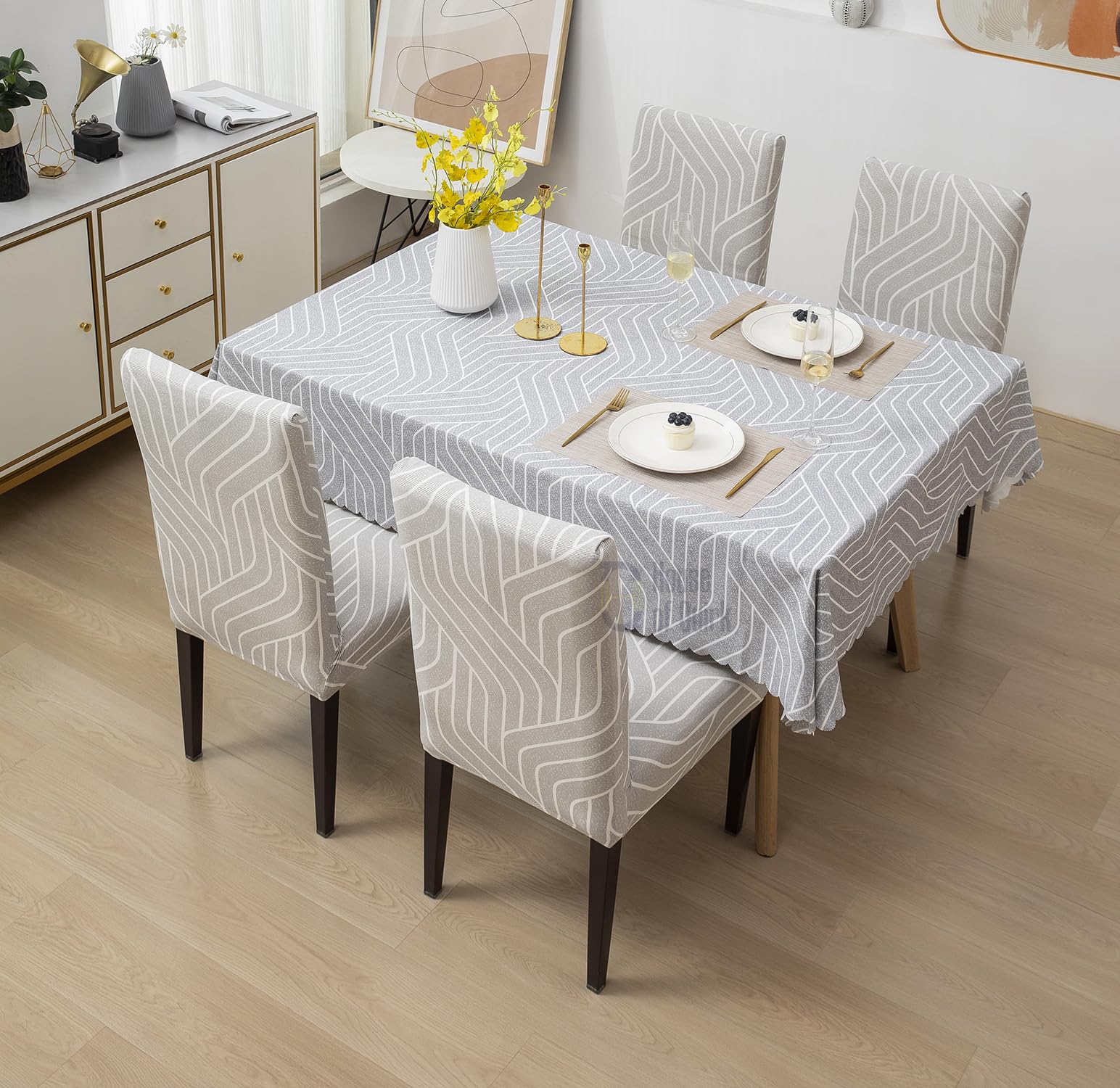 House of Quirk Polyvinyl Chloride (PVC) Dining Chair Cover with Rectangular Table Covers for Kitchen Waterproof Dining Table Cloth (Grey Complex, 1 Table Cover + 4 Chair Cover)