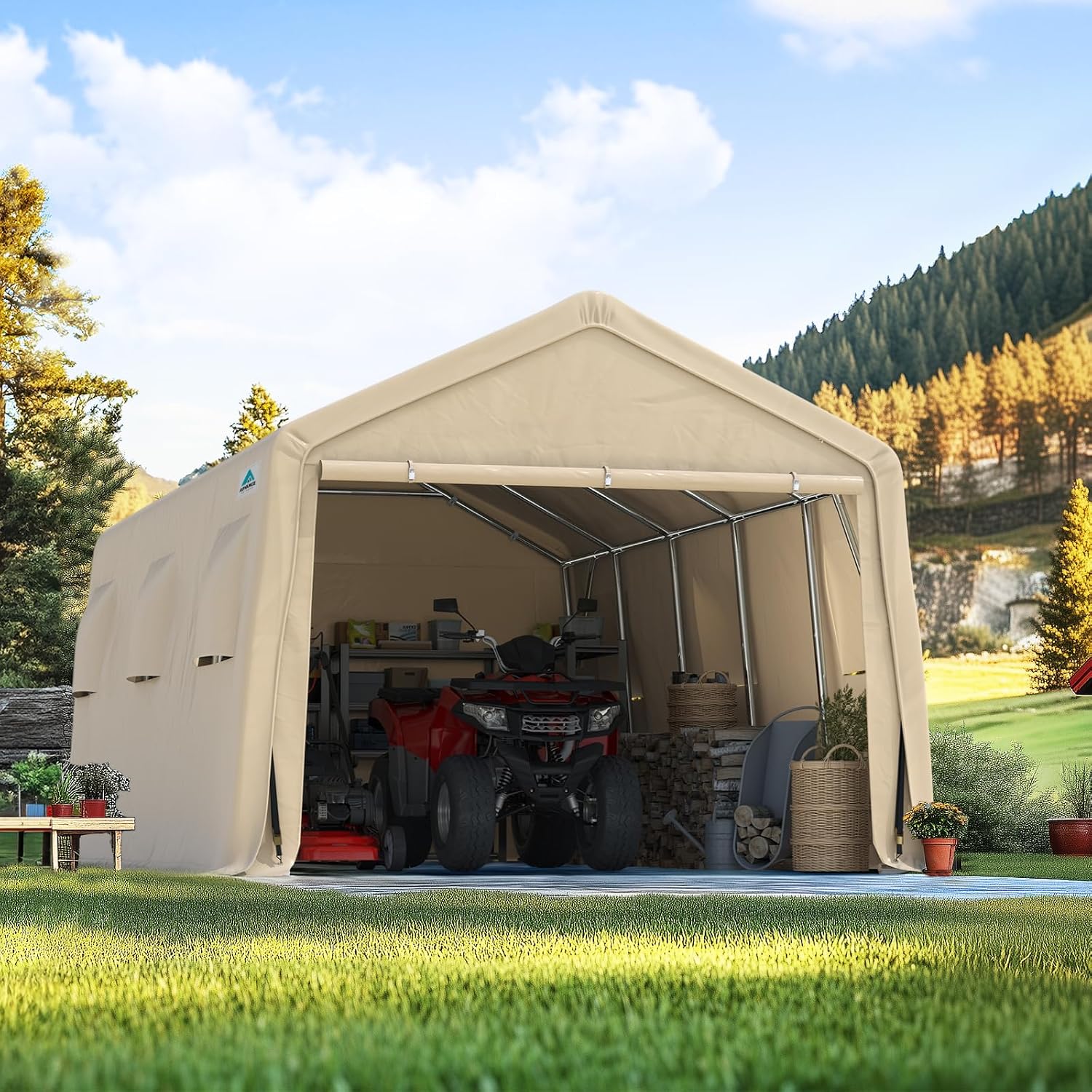ADVANCE OUTDOOR 13x20 ft Carport 2 Roll up Doors & Vents Outdoor Portable Storage Shelter Garage Tent for Vehicle Boat Truck Anti-UV Snow Resistant Waterproof, Beige