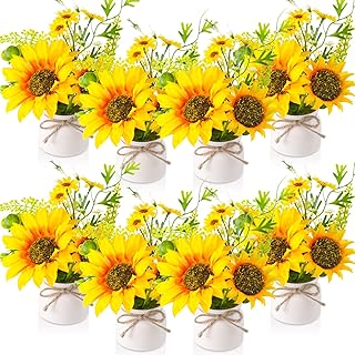 Zeyune 8 Pcs Artificial Sunflower Potted Plants Rustic Silk Sunflowers for Kitchen Spring Centerpieces for Tables Yellow Fake Flower with Plastic Pot for Summer Bathroom Wedding Office (White)