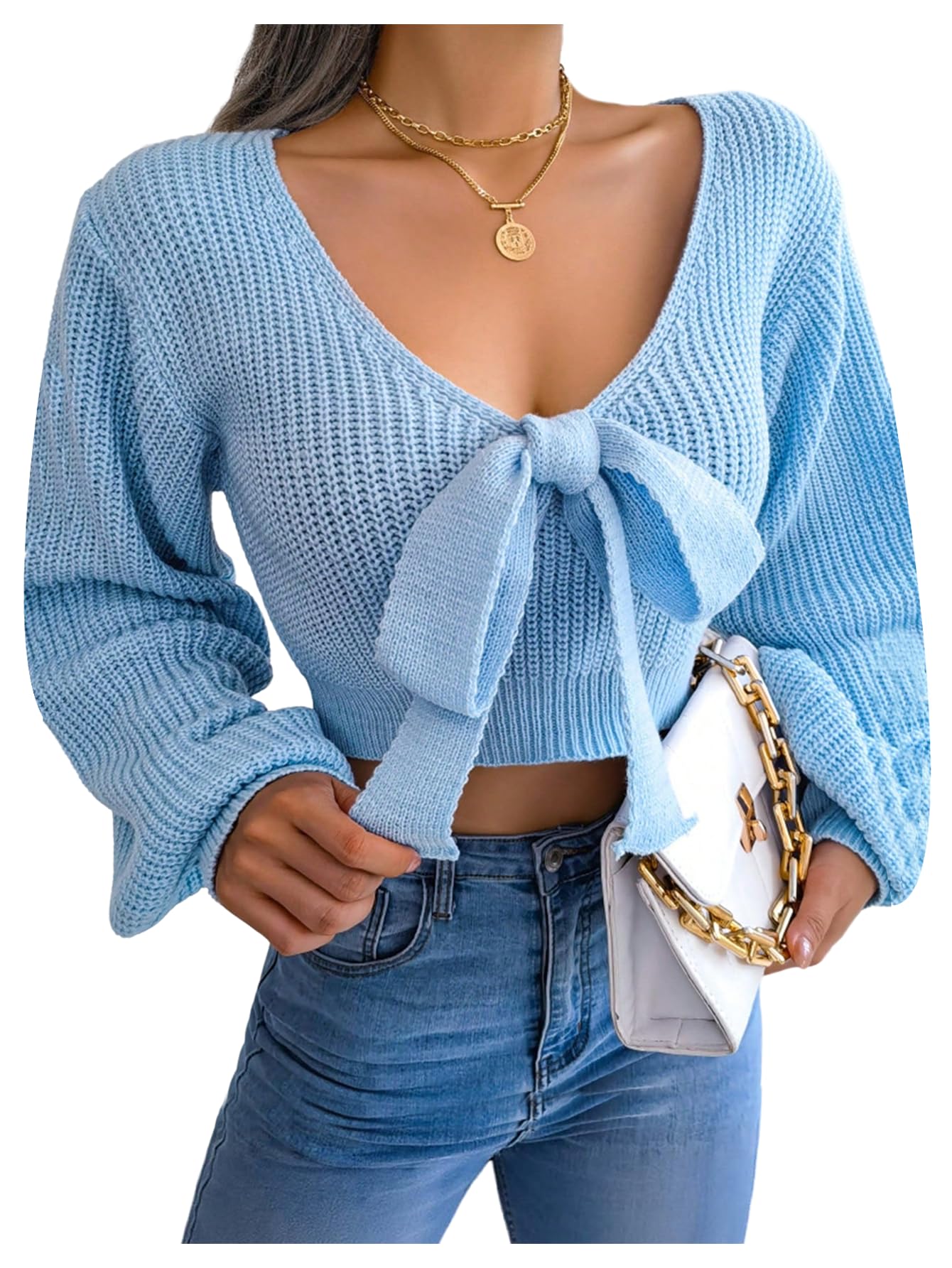 WDIRARA Womens Bow Tie V Neck Crop Sweater Long Sleeve Knit Pullover Tops Knitwear