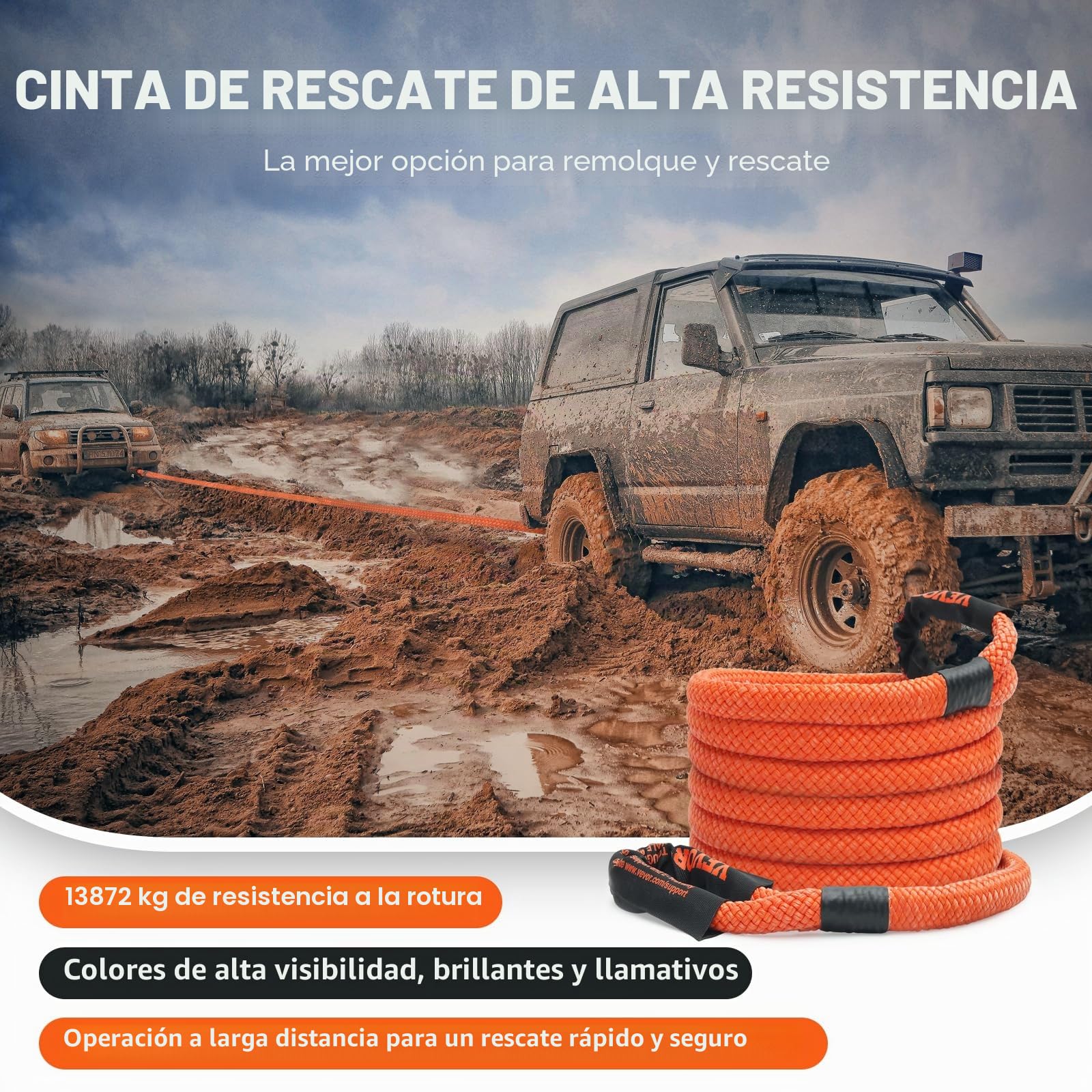 VEVOR Cuerda de Remolque de recuperación cinética de 7/8 Pulgadas x 20 pies, 30 Libras, Correa de Arranque Todoterreno Resistente, 30% de Elasticidad, Correa de Arranque de energía para Jeep, Coche,