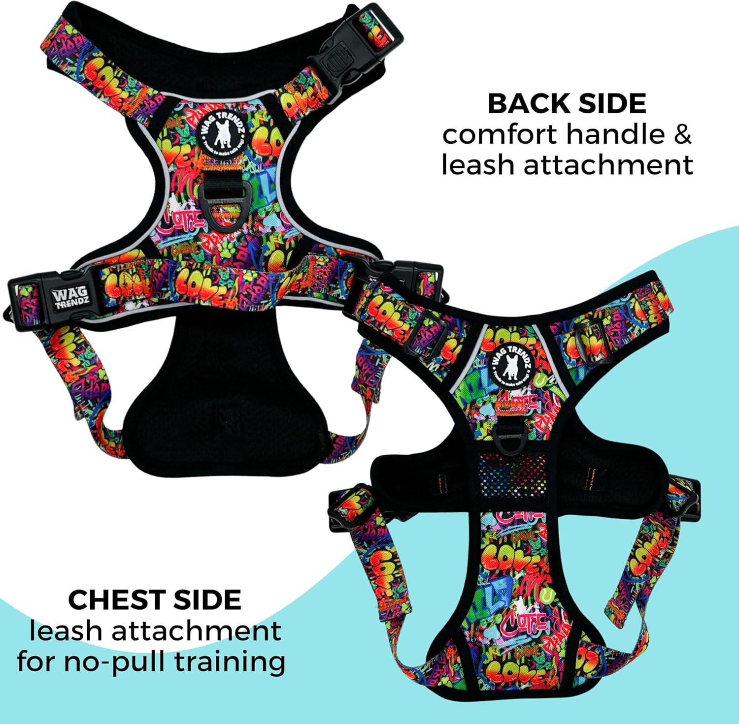 WAG TRENDZ Dog Harness with Handle | English Bulldog Harness | Heavy Duty Construction | Padded Chest & Back Support | No Pull Control | Durable Design | Street Graffiti | XL