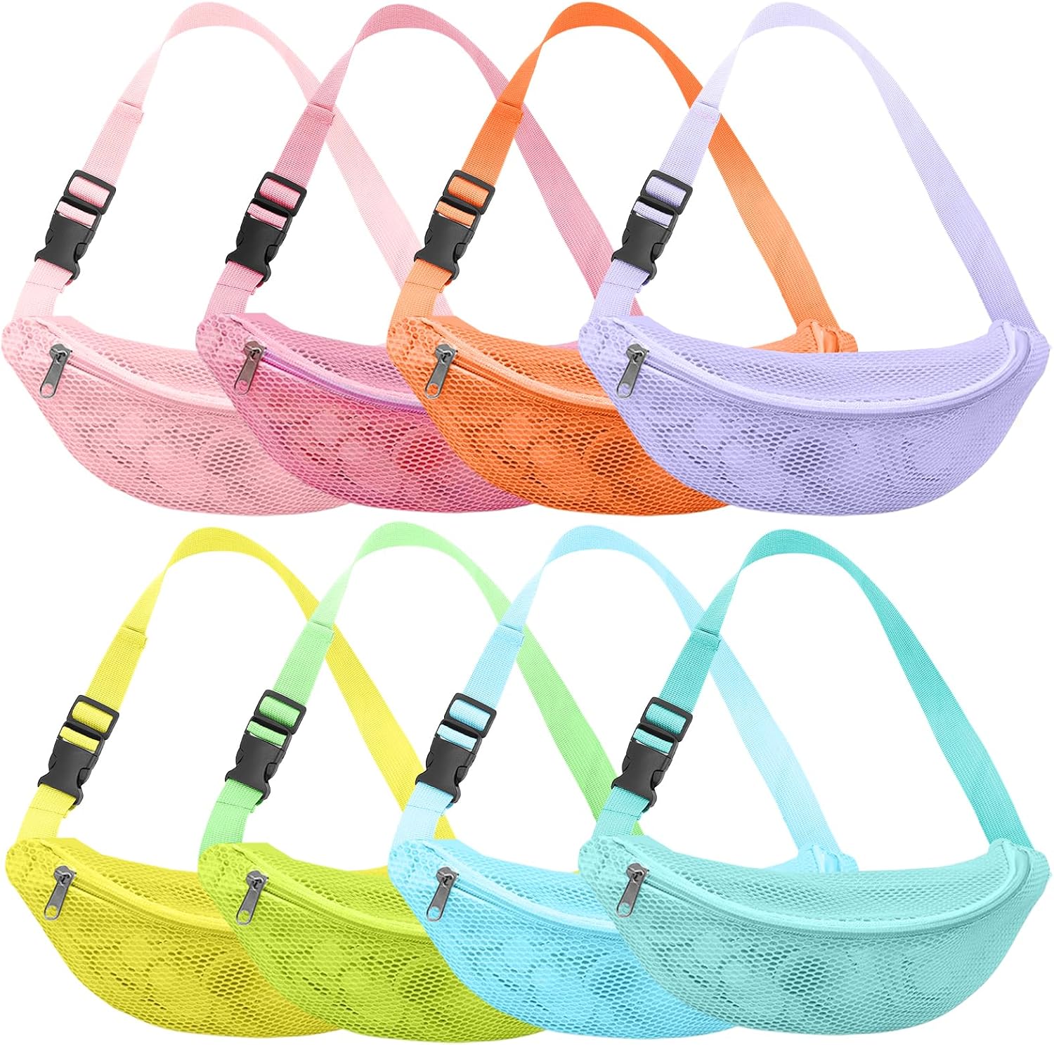 Kinlop 8 Pcs Beach Mesh Fanny Pack, Seashell Bag Mesh, Beach Bag Breathable, Waterproof Adjustable Belt Portable Lightweight Outdoor Sports Waist Pack for Travel, Pastel Colors