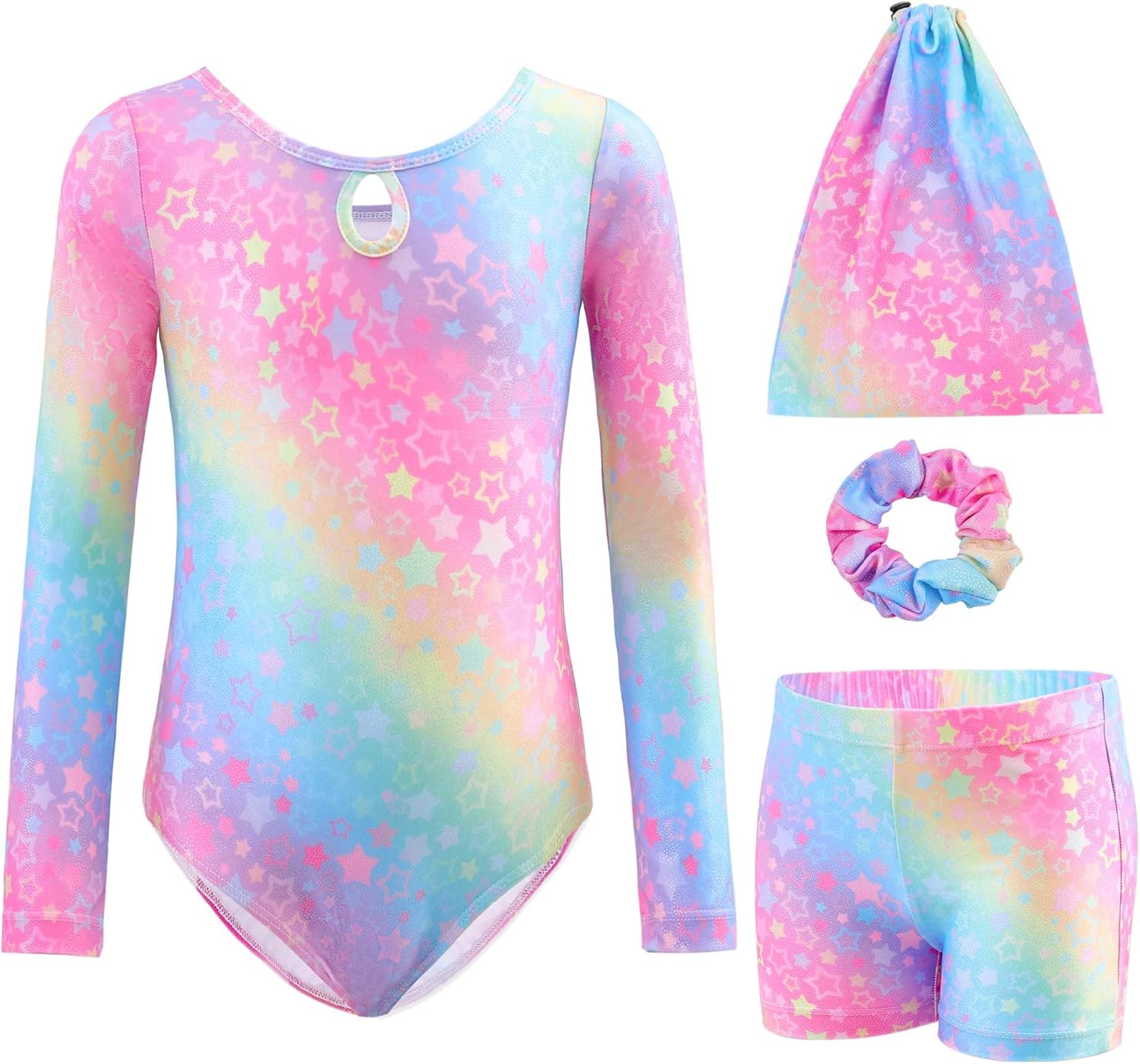 Gymnastics Leotards for Girls Long Sleeve Kids Tumbling Gymnastic Outfit Clothes with Shorts Storage Bag