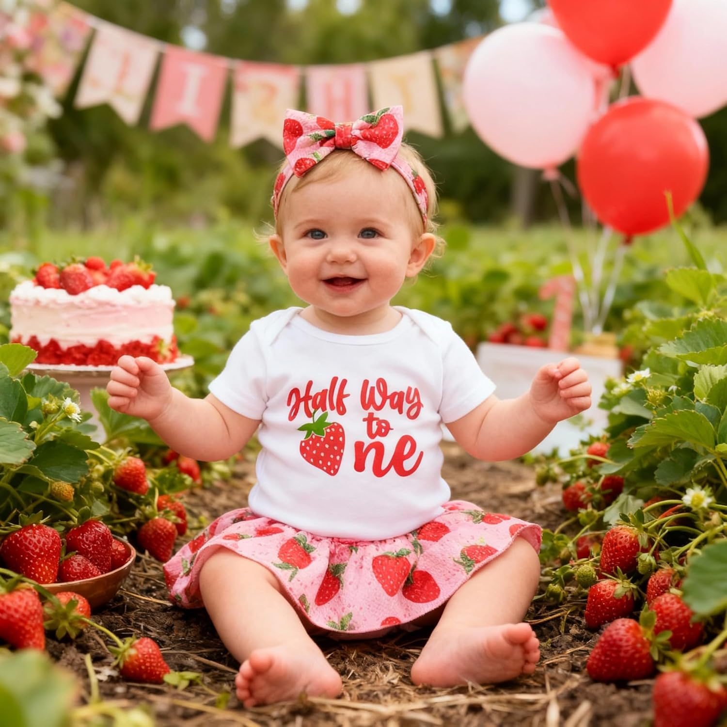 Baby Girl Half Birthday Outfit Half Way to One Romper+Skirt Shorts+Headband Cake Smash Clothes Set - Image 2