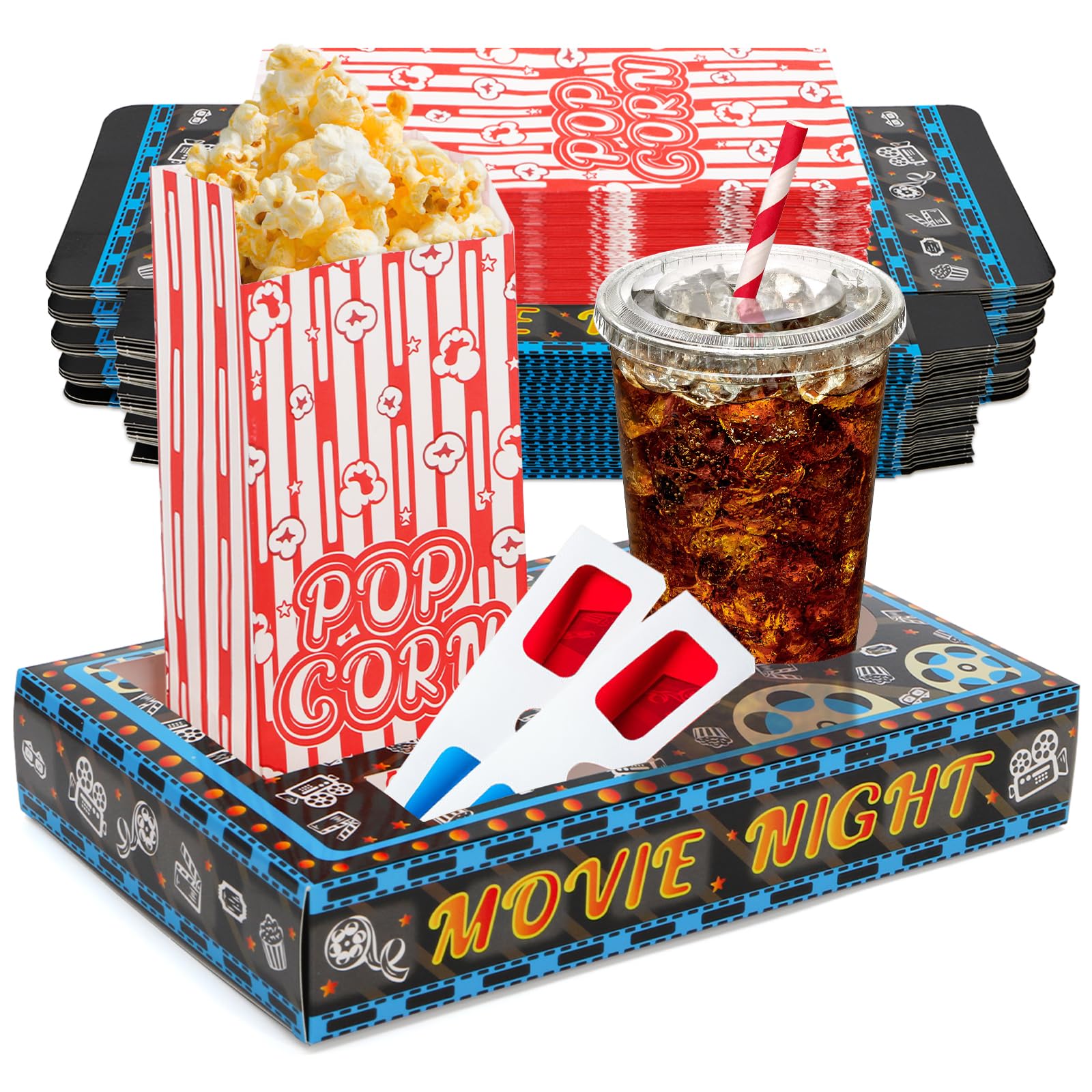 Kingrol Forniture per la notte del cinema, 100 pezzi, 50 vassoi per snack e 50 sacchetti per popcorn, usa e getta, per popcorn, caramelle, bevande, forniture per feste Home Theater e facile pulizia