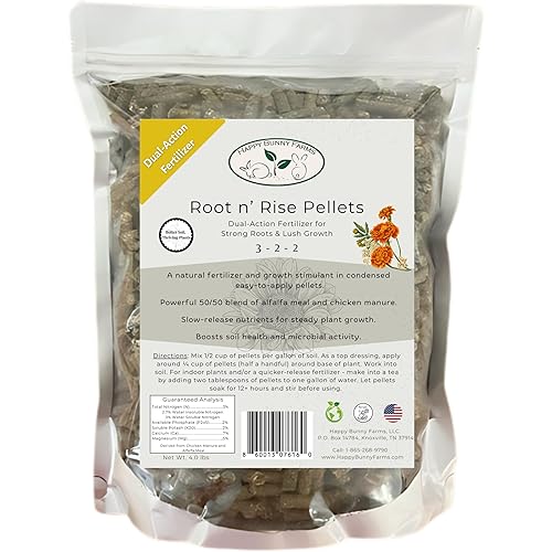 Root n' Rise Fertilizer and Soil Conditioner Pellets, 3-2-2 NPK,4lbs Dual-Action Chicken Manure and Alfalfa Meal Blend.