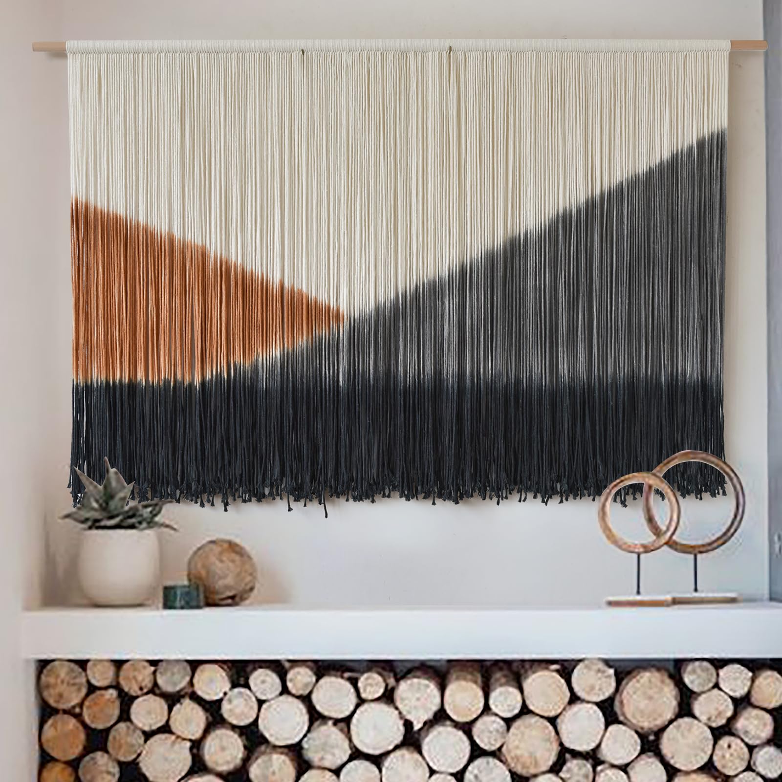 Tapiz de macramé para colgar en la pared, grande, 144 cm de ancho x 89 cm de largo, tejido bohemio, hecho a mano, tres tonos, para sala de estar, dormitorio, decoración del hogar, arte de fibra