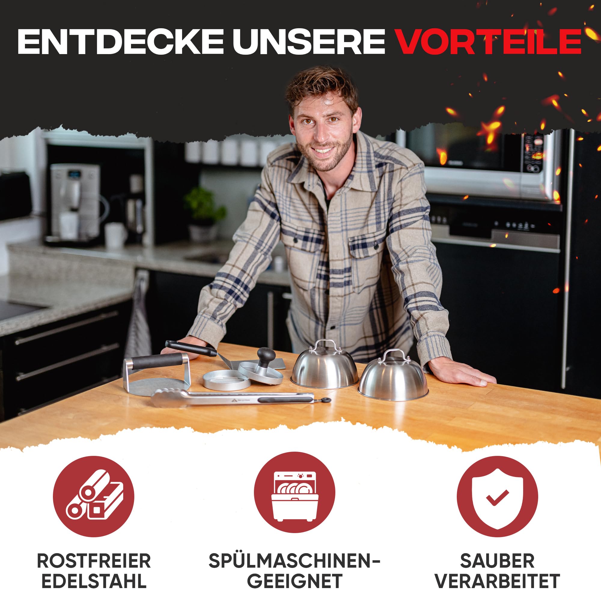 Smash Burger Set 6 TLG. aus Edelstahl für Plancha, 2 Burgerglocken, Burgerpresse, Smasher, Pattywender, Grillzange, Burger Smasher Set, das ideale Geschenkset (Exklusive)
