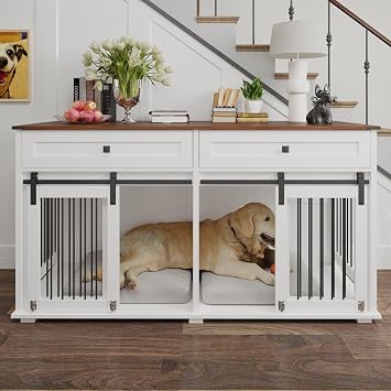 EMKK 63 Large Dog Crate Furniture, Wooden Dog Kennel with Removable Divider, 2 Drawers and Sliding Door, Indoor Heavy Duty Dog Crate TV Stand with Double Rooms for 2 Dogs Brown White, 63L