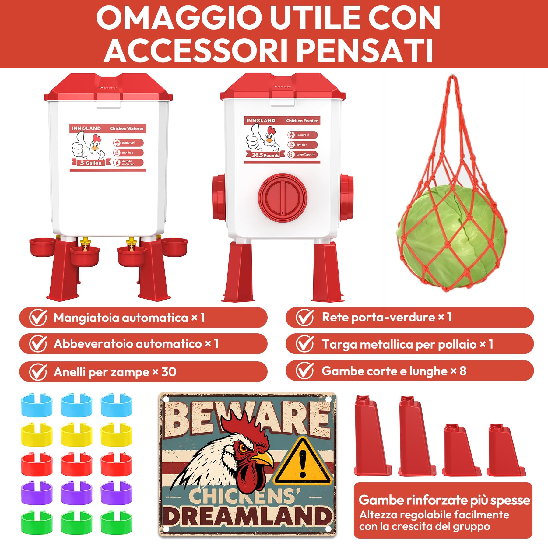 Abbeveratoio per Galline e Mangiatoia per Galline - 11L/12KG, Abbeveratoio Automatico per Gallines con 4 Beccucci e 3 Bocche di Alimentazione, Senza Sprechi, Accessori per Pollaio per Anatres