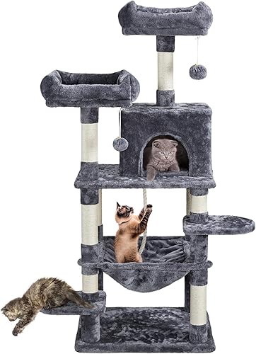 Yaheetech Torre de 59 pulgadas para gatos de varios niveles con poste rascador cubierto de sisal, perchas grandes y hamaca grande, centro de