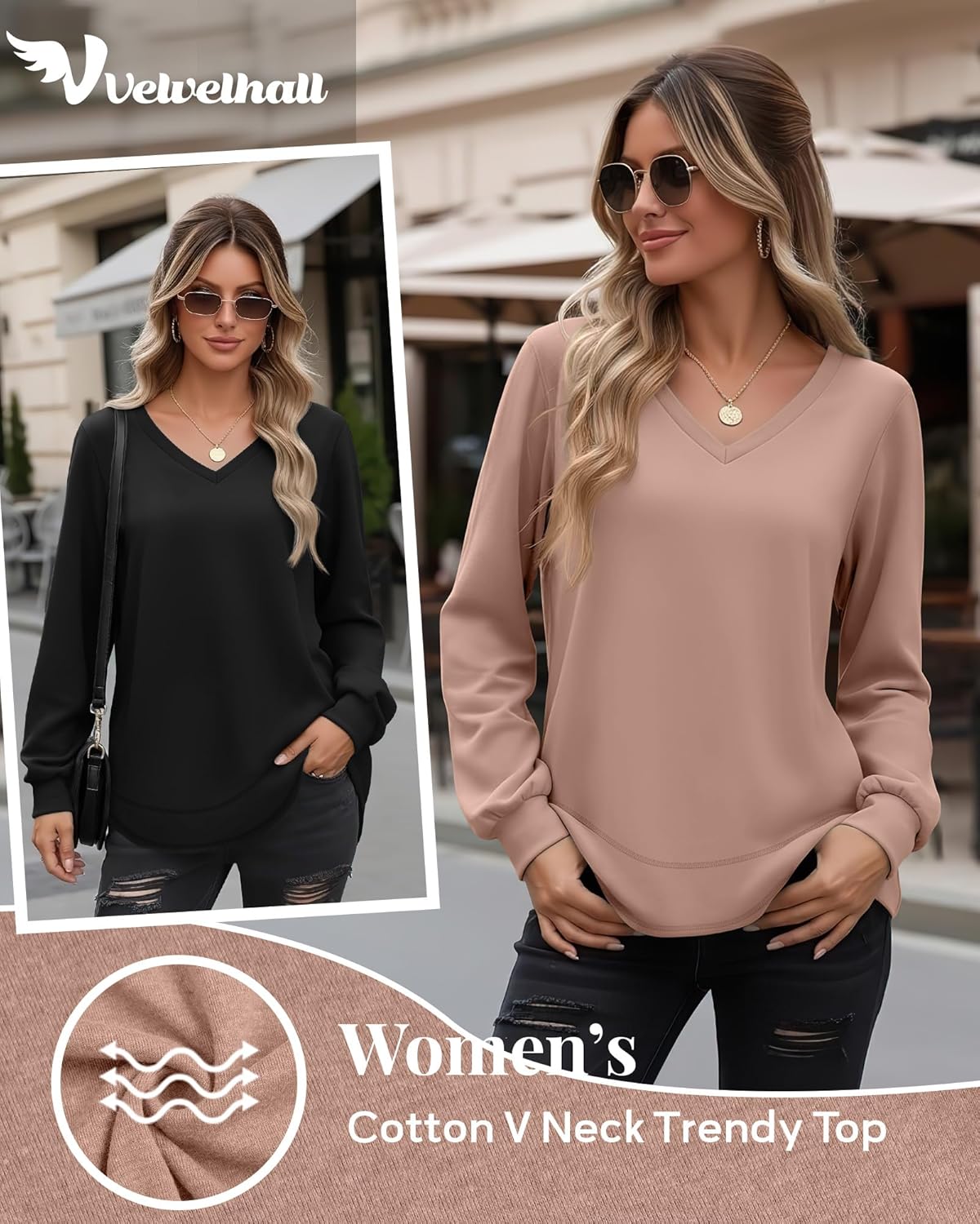 4 Pack Womens Long Sleeve T Shirts Cotton V Neck Loose Fit Causal Fall Tops Curved Hem Trendy Clothes - Image 5
