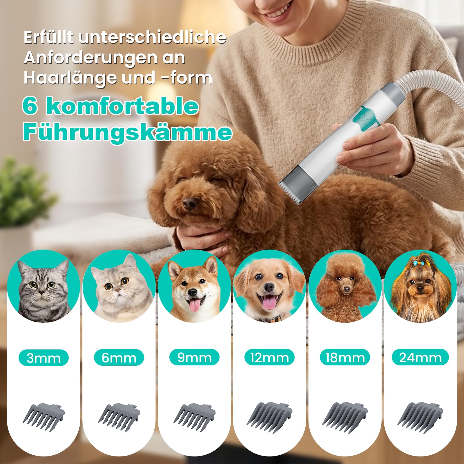 Hundeschermaschine mit Staubsauger, 13000 Pa Super Saugkraft & 99,99% Tierhaar-Aufnahme, Leise Haustierpflegeset mit 7 Pflegewerkzeugen für Hunde und Katzen