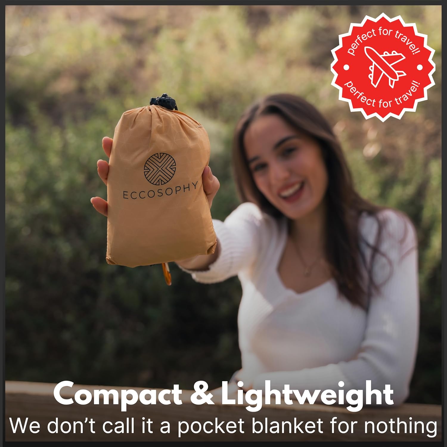 ECCOSOPHY Sand Proof Beach Blanket - Waterproof Picnic Blanket 60x55 Outdoor Compact Pocket Blanket Lightweight Ground Cover for Hiking Camping Festivals Sports Travel with Bag & Stakes (Caramel) - Image 3