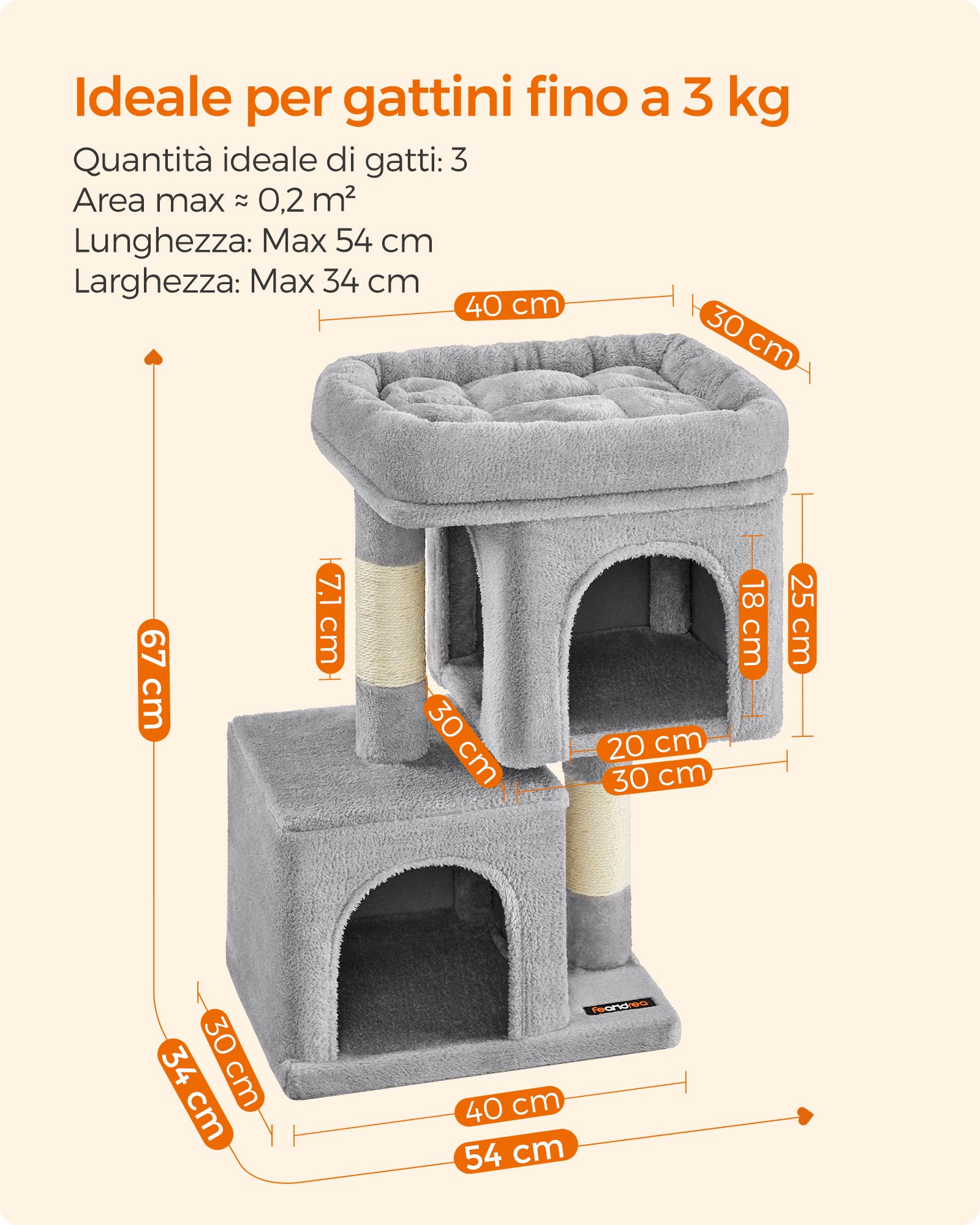 Feandrea Albero per Gatti, 67 cm, Tiragraffi, S, Condominio per Gattini Fino a 3 kg, Ampio Posatoio, 2 Grotte, Graffiatoio, Grigio Chiaro PCT611W01