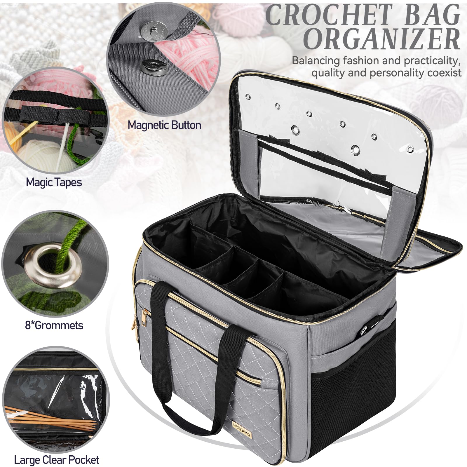 Stricktasche Garnaufbewahrungstasche, große Häkel-Organizer-Tasche, Garnhalter für Stricknadeln, Strickprojekt-Tasche mit Inneneinteilung für Häkelnadeln, Strickzubehör, Grau