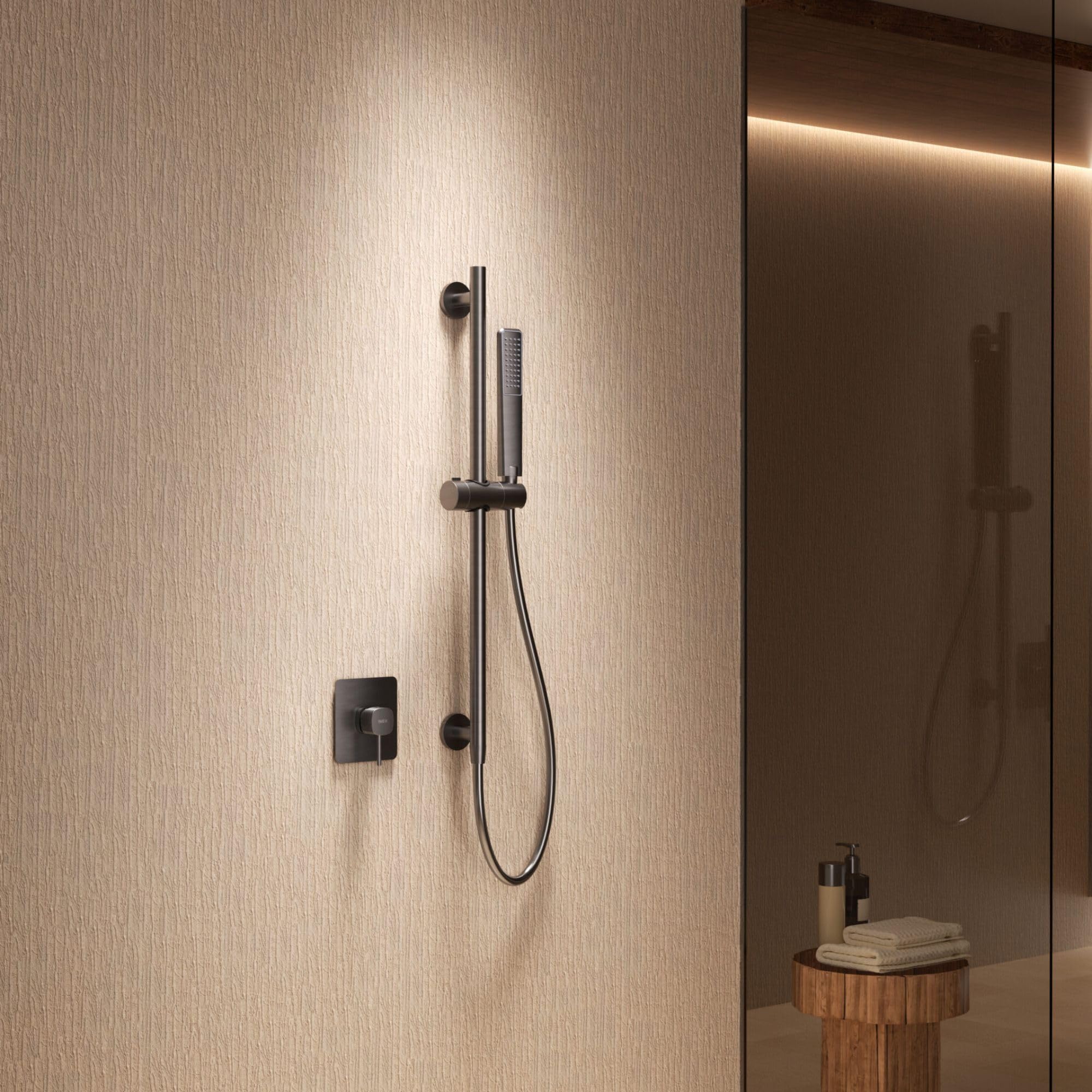 IMEX - Set de Ducha Pared con Alcachofa y Grifo Monomando Cromada | Barra de Acero Inoxidable S.304 Redonda con Soporte para Alcachofa de Ducha Ajustable | Grifería en Latón (SIN ROCIADOR)
