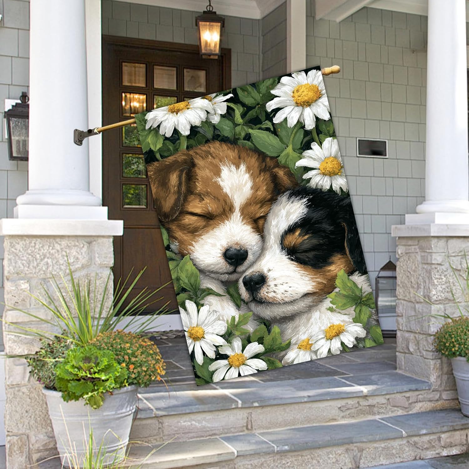 Puppy House Flag 28 x 40 Inch Double Sided Spring Summer Garden Flag with Sleeping Dog and Daisy Floral Design for Outdoor Porch Yard Cottage Decor - Image 5