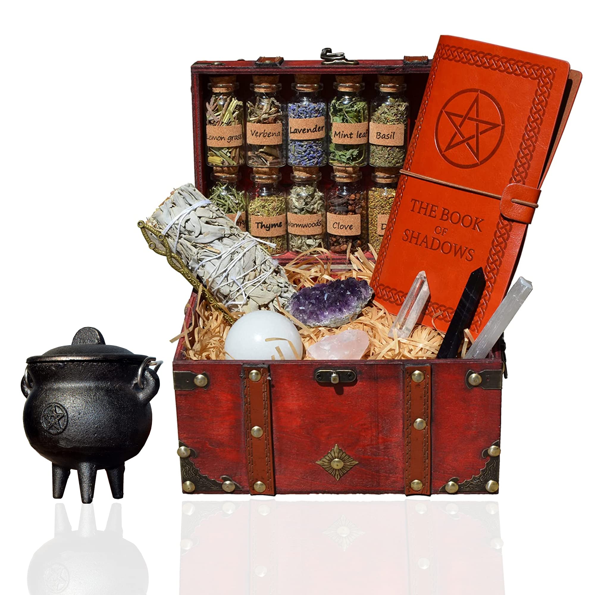 Witchcraft KIT: Potion Set and Brass Wand Crystal Witchcraft and Cast Iron Cauldron(with an embossed pentagram)with Book of Shadows (Empty Journal, 150 Pages Blank Spells Notebook) All in Vintage Box