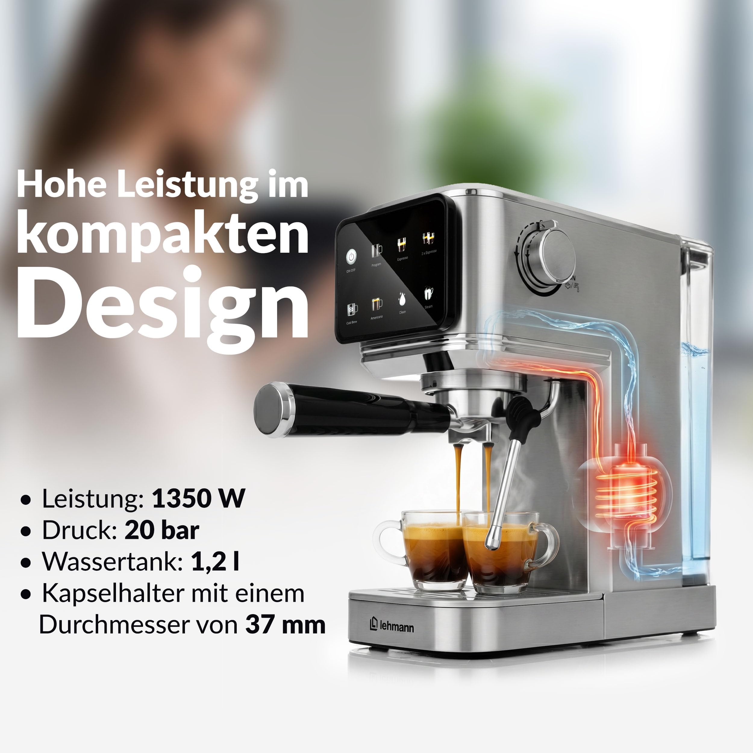 LEHMANN Bellagio Kolbowy ekspres do kawy 20 bar z funkcją spieniania mleka | Do kawy mielonej i kapsułek 37 mm, dotykowy wyświetlacz LCD, Cold Brew, Americano, zbiornik na wodę o pojemności 1,2 l