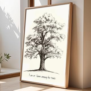 I Am At Home Among The Trees Print Black And White Wall Art Sketch Canvas Minimalist Tree Picture Botanical Artwork Vintage Oak Tree Poster Inspirational Quote Painting For Room 16x24in No Frame