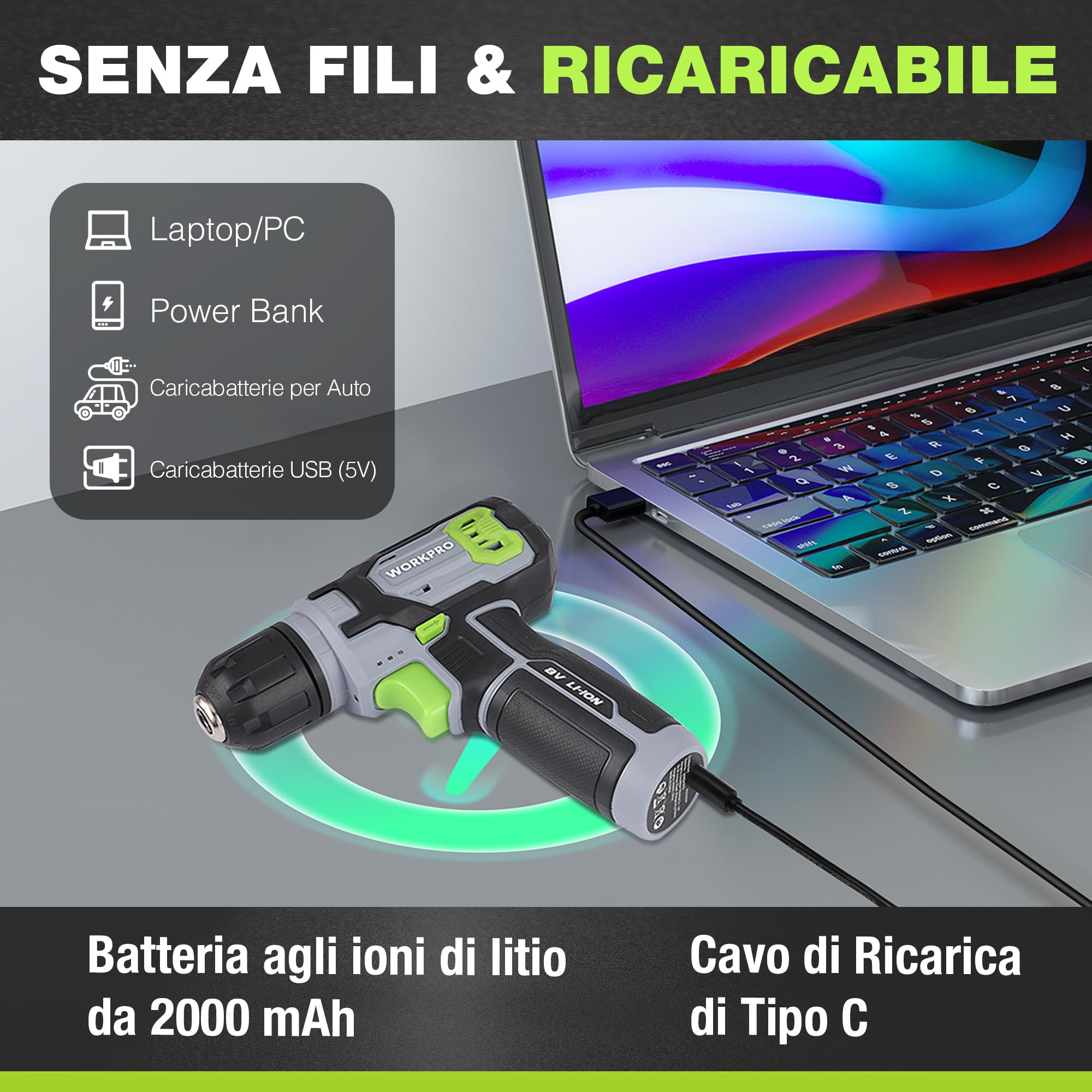 WORKPRO Cacciavite a Batteria 8V | Trapano Avvitatore a Velocità Variabile, Ricaricabile, Luce LED, Con 21 Accessori, Verde