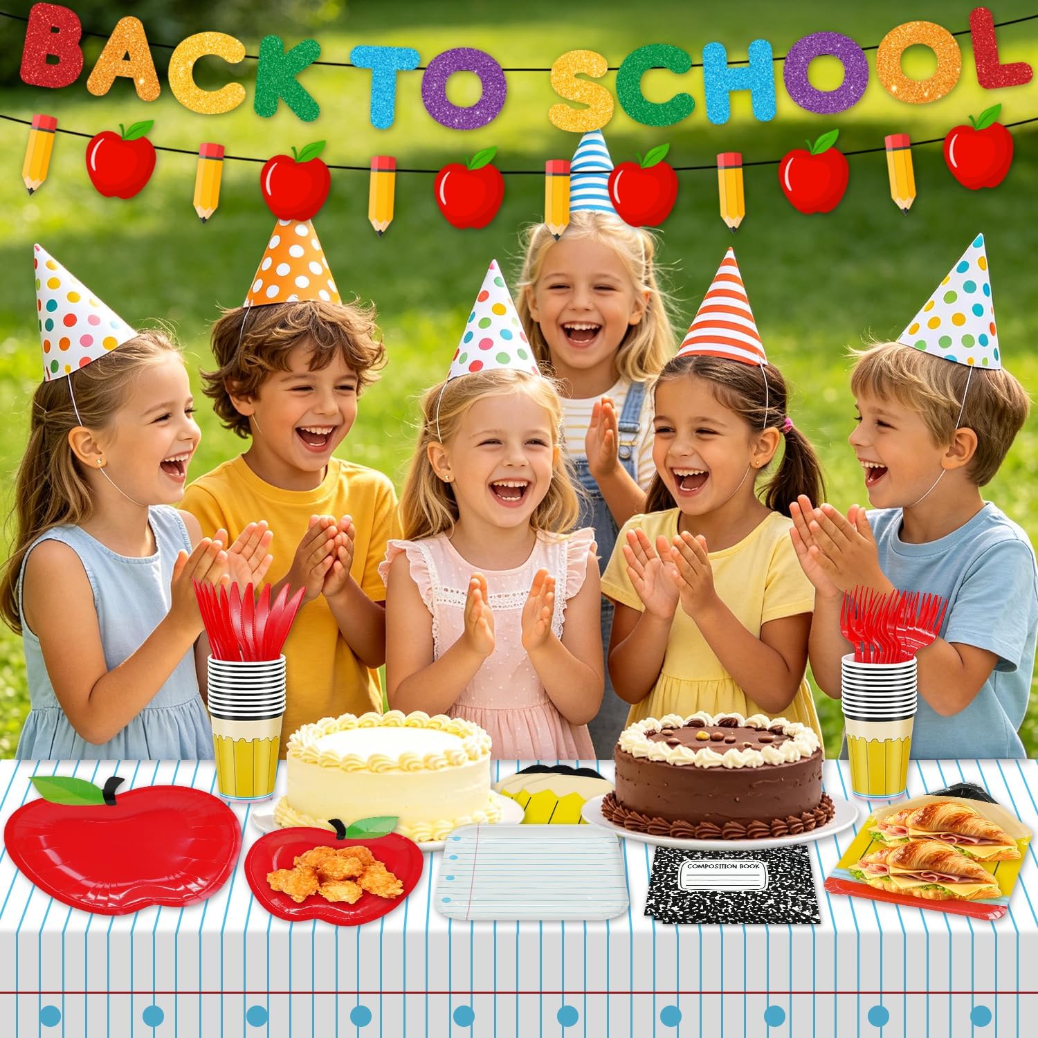 103Pcs Back to School Decorations Party Tableware Set for 20 Guest | Include Back to School Banner Plates Cups Napkins Tablecloth Knives Forks First Day of School Decorations for Classroom Decor
