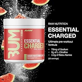 RAW Pre-Workout Powder, Essential CHARGED (Sour Watermelon) - Preworkout Supplement for Men & Women - Supports Focus, Mood & Performance - Caffeine, Alpha-GPC, L-Citrulline, Beta Alanine (25 Servings)