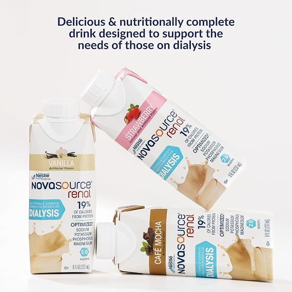 NOVASOURCE Renal Vanilla, Nutritionally Complete Formula for Dialysis Patients, Dialysis Protein Shakes (2.0 kcal/mL),(475 Calories, 22g Protein) 8 Fl Oz, Pack of 24