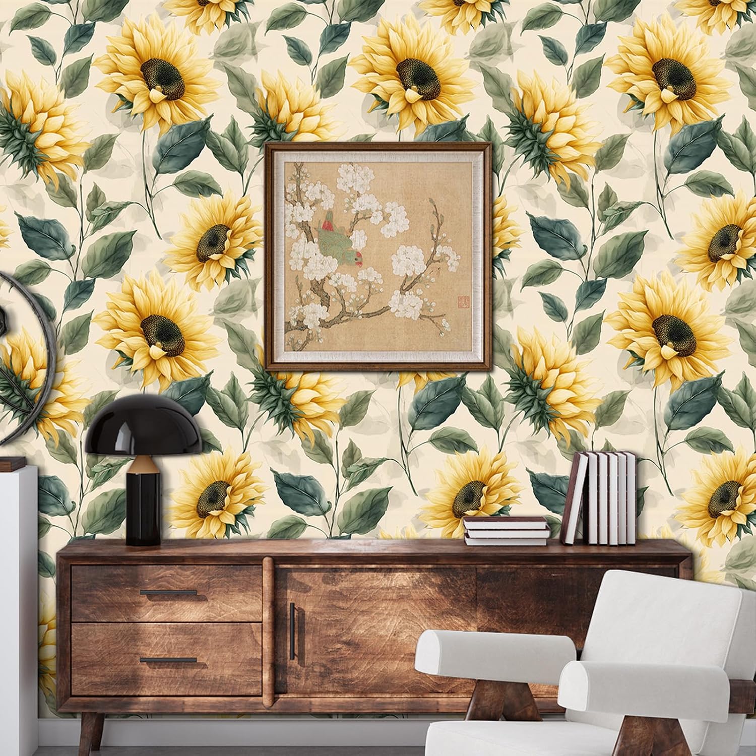 Vintage Sunflower Floral Wallpaper Self Adhesive Peel and Stick Botanical Leaf Moody Watercolor Flower Contact Paper Removable Waterproof for Bedroom Living Room Decor Renter friendly 17.71"x 236.2"