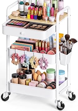 3 Tier Metal Rolling Cart with Drawers and Wooden Table Top