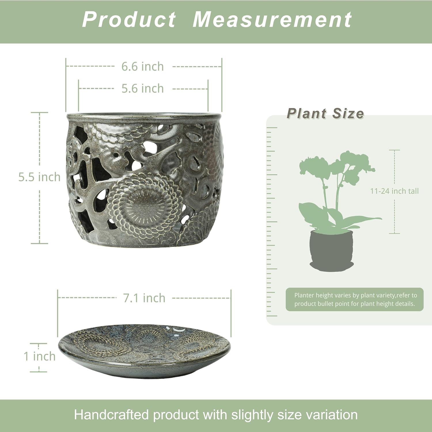 HERDUK Ceramic Orchid Pot with Drainage Holes & Saucer, 6.5 Inch, Indoor Orchid Containers with Precise Aeration & Drainage, Dark Gray