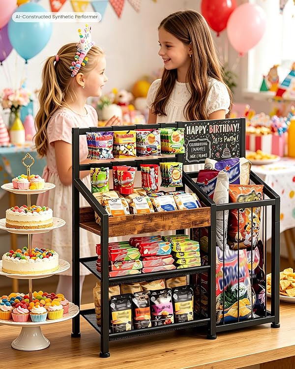 CHOEZON Snack Organizer for Countertop with Elastic Band Storage Basket, 3-in-1 Snack Display Rack with 8 Hooks & Chalkboard, Candy Holder Stand for Store, Party, Rustic Brown and Black TCJ82BF by CHOEZON - Image 2
