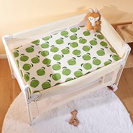 TILLYOU Mini Crib Sheets Fitted 2 Pack, Pack and Play Sheets for Toddler Mattress, Soft and Breathable 38x 24 Pack n Play Mattresses Cover, Green Apple & Fruit Green