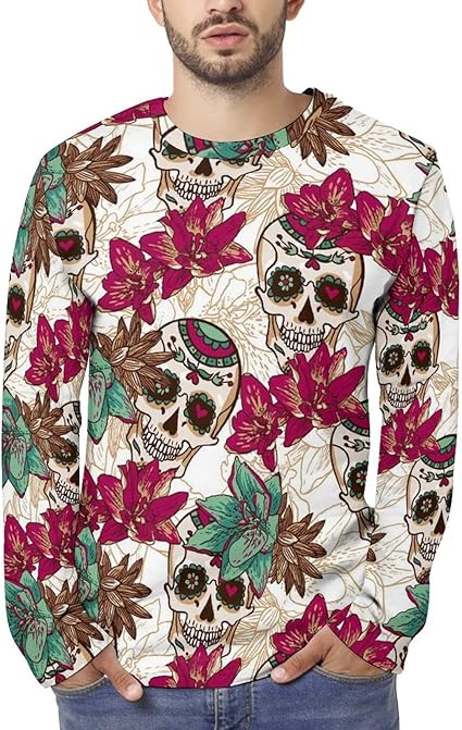 Amazon Co Jp Tシャツ 長袖 ロングスリーブtシャツ メンズ インナーシャツ ロンt 定番 花柄 頭蓋骨 スカル カジュアル トップス 上着 クルーネック 無地 ファッション 快適 柔らかい おしゃれ キャラクター プリント 春 秋 冬 ファッション