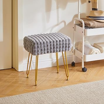 IBUYKE Rectangular Footrest Stool Ottoman, Makeup Vanity Stool Side Table, Velvet Dressing Table Seat, Footstool Chair, Golden Steel Legs, for Makeup Room, Bedroom, Square Grid Pattern, Grey WBD003G
