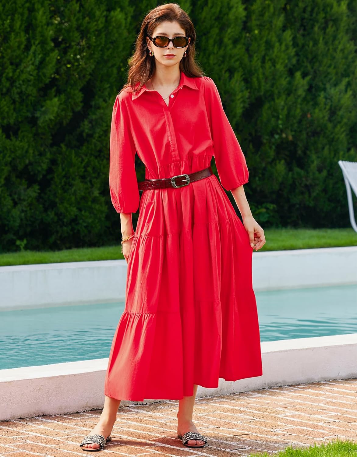 Women Button Down Maxi Shirt Dress Long Sleeve Flowy Tiered Collared Dresses with Pockets - Image 3