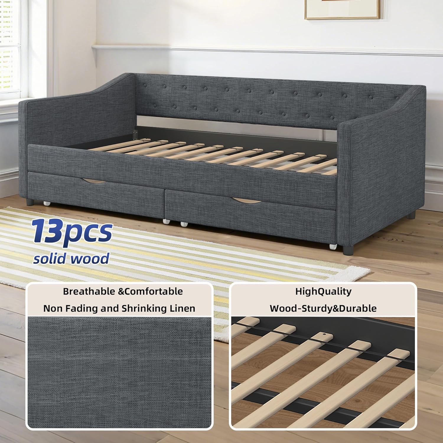 Casaphoria Sofa Daybed with 2 Storage Drawers, Linen Fabric Upholstered Daybed Frame w/Wave Shape Arms, Heavy Duty Sofa Bed for Bedroom or Living Room, Twin Size Dark Gray