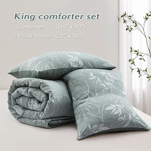 Miniatura 7 de downluxe Juego de edredón tamaño King Juego de edredón de 3 piezas verde oscuro, edredón de flores botánicas tamaño King, 1 edredón floral