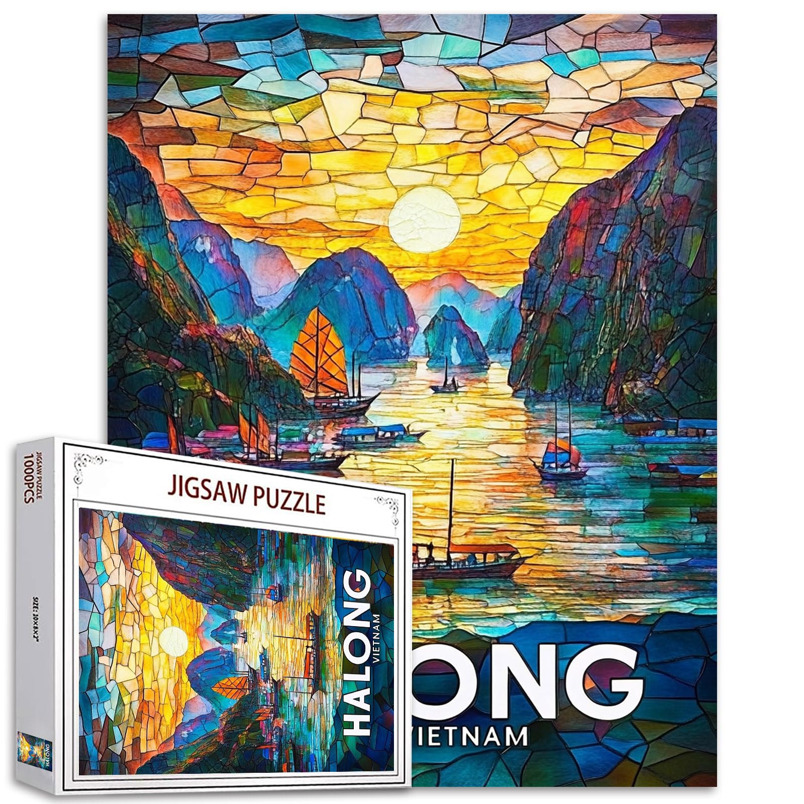 Vietnam Ha Long Puzzle Paysage pour adultes 1000 pièces, style vitrail Vietnam Scenery Puzzle Art 68,6 x 50,8 cm DIY Puzzle pour la décoration de la maison, puzzle familial pour soirées de jeux